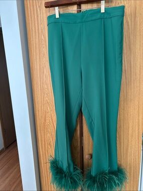 Fashion Nova Emerald Feather-Hem Wide Leg Pants